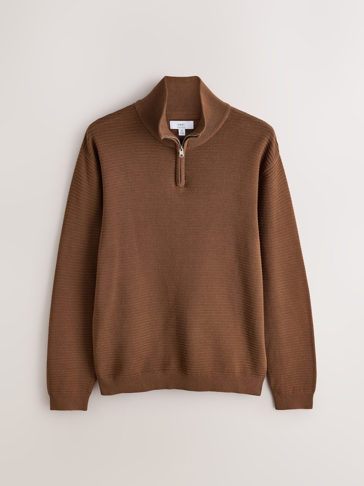 Brown Textured Quarter Zip Neck Jumper - Image 1 of 3