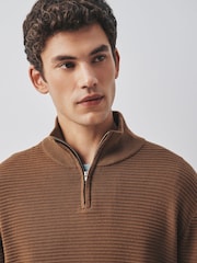 Brown Textured Quarter Zip Neck Jumper - Image 4 of 8