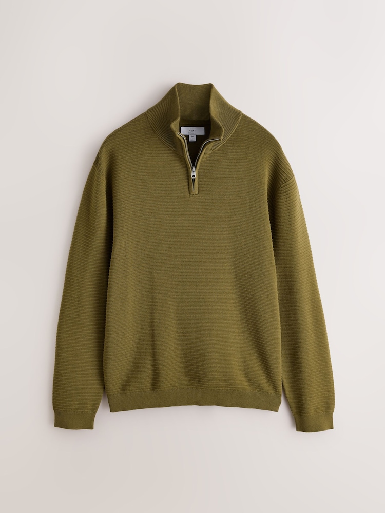 Olive Green Textured Quarter Zip Neck Jumper - Image 1 of 3