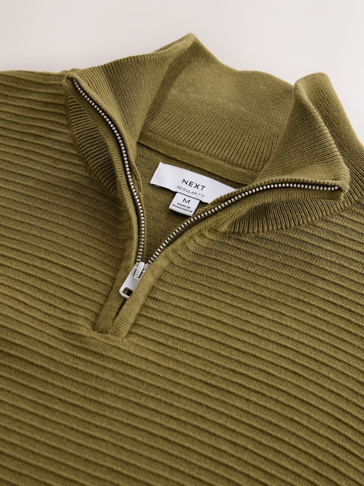 Olive Green Textured Quarter Zip Neck Jumper - Image 3 of 3