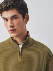 Olive Green Textured Quarter Zip Neck Jumper - Image 4 of 8