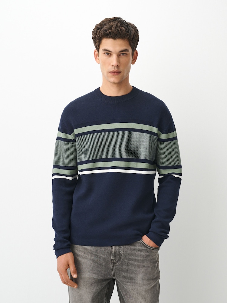 Navy Blue Colour Block Stripe Crew Neck Jumper - Image 1 of 4