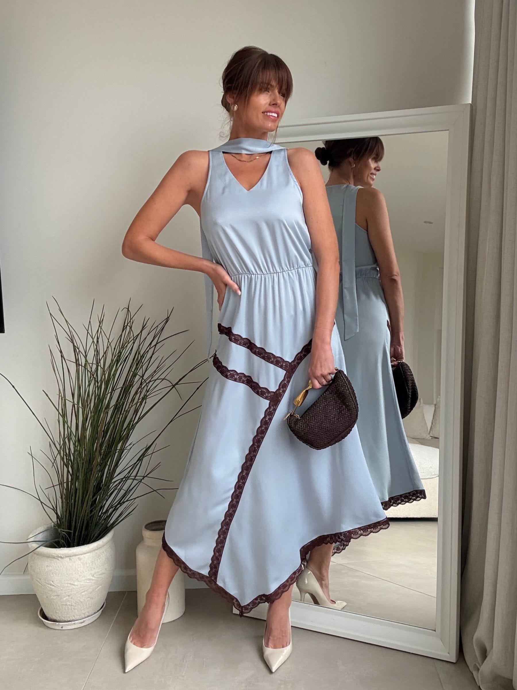 blue lace halter dress Halter Light Blue Lace Appliques Chiffon Ruffle Prom Dress PSK696 US8 / Black