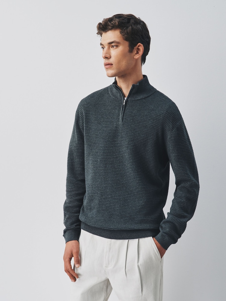 Charcoal Grey Textured Quarter Zip Neck Jumper - Image 1 of 5