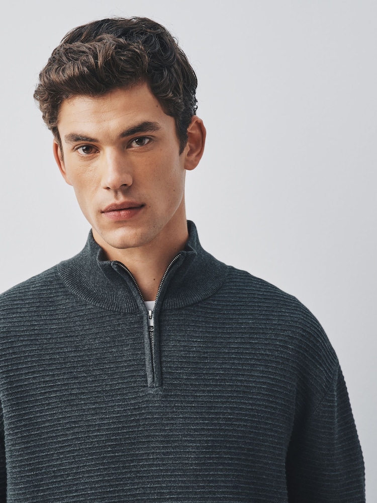 Charcoal Grey Textured Quarter Zip Neck Jumper - Image 5 of 5