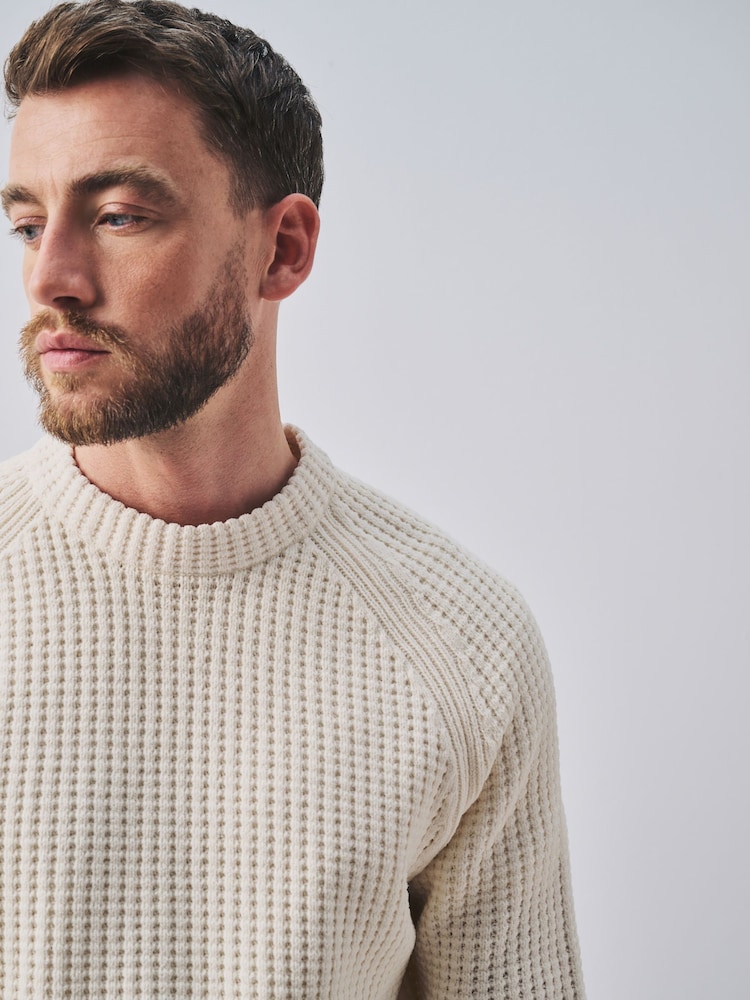 Ecru White Chenille Waffle Textured Crew Neck Jumper - Image 1 of 5
