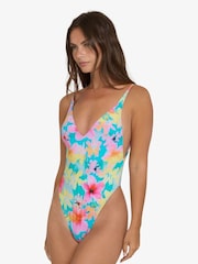 Billabong Blue/Pink Floral Pipe Dreams Deep V-Neck Swimsuit - Image 4 of 5