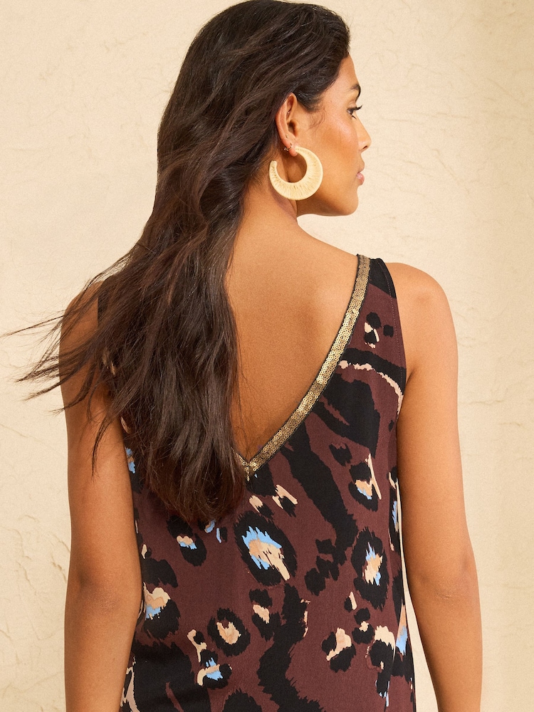 Love & Roses Chocolate Brown Petite Animal Sequin Trim Vest - Image 4 of 4