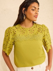 Love & Roses Olive Green Petite Broderie Yoke Short Sleeve Blouse - Image 4 of 4