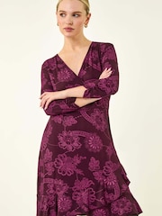 Roman Pink Petite Floral Frill Wrap Dress - Image 1 of 5
