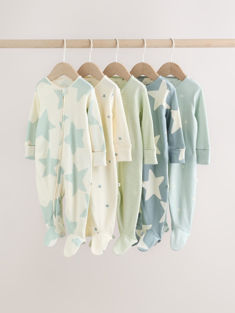 Green Star Two Way Zip Baby Sleepsuits 5 Pack (0mths-2yrs) - Image 1 of 16