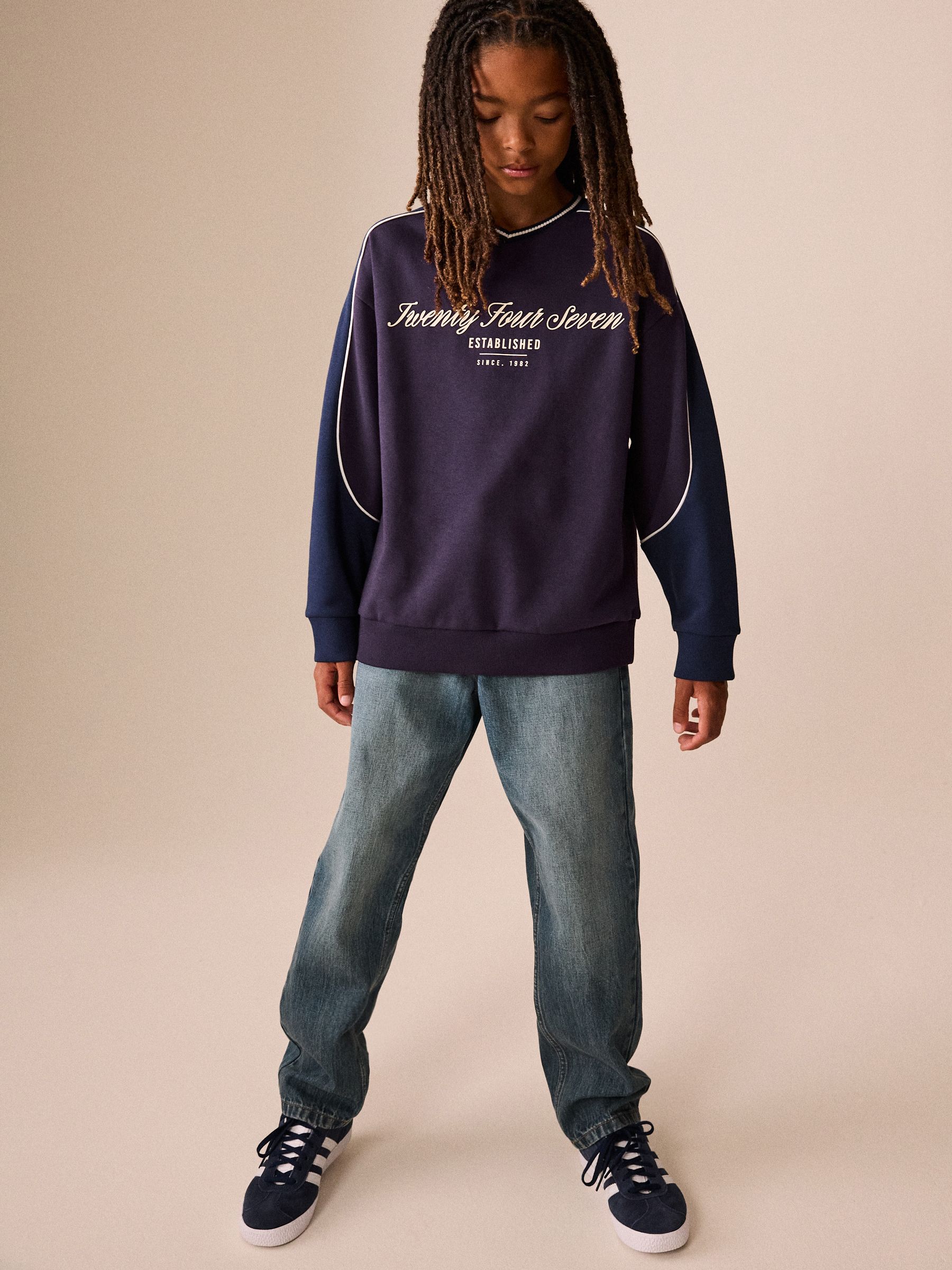 Buy Navy/Purple Regular Fit Graphic Crew Neck Sweater (3-16yrs