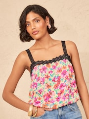 Love & Roses Yellow Ditsy Floral Print Petite Lace Trim Cami - Image 1 of 5