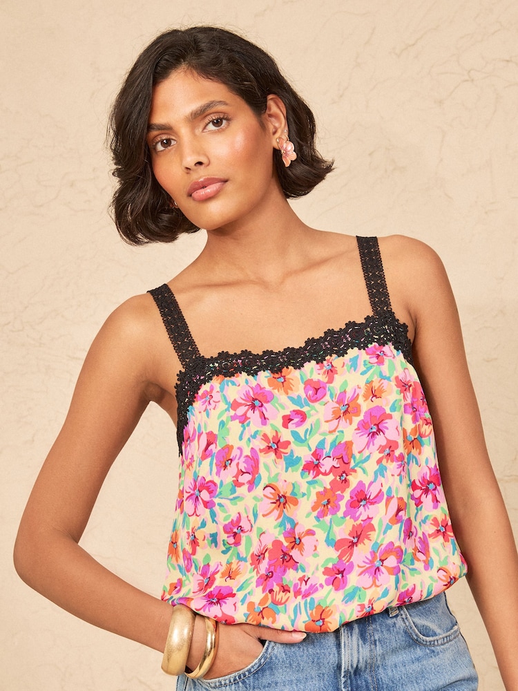 Love & Roses Yellow Ditsy Floral Print Petite Lace Trim Cami - Image 1 of 5