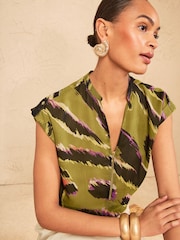 Love & Roses Olive Green Animal Petite Roll Sleeve Zip Front Blouse - Image 1 of 4
