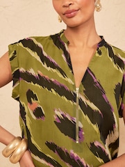 Love & Roses Olive Green Animal Petite Roll Sleeve Zip Front Blouse - Image 2 of 4