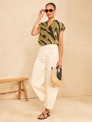 Love & Roses Olive Green Animal Petite Roll Sleeve Zip Front Blouse - Image 3 of 4