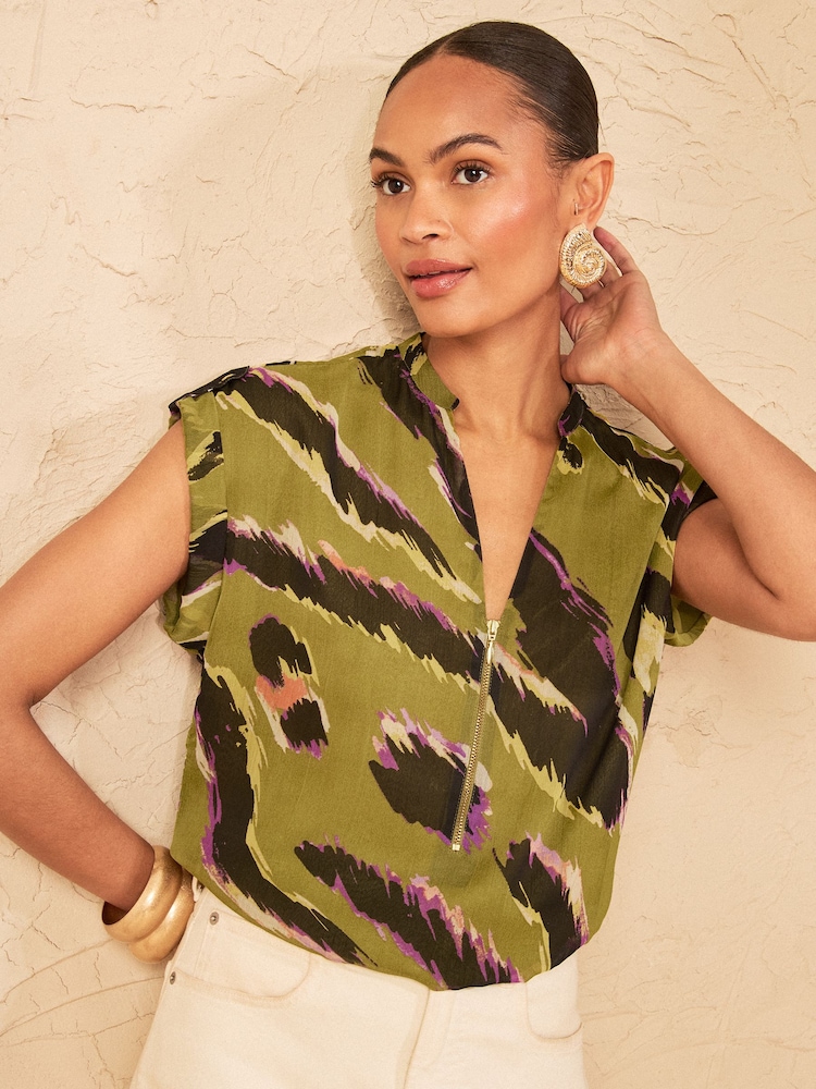 Love & Roses Olive Green Animal Petite Roll Sleeve Zip Front Blouse - Image 4 of 4