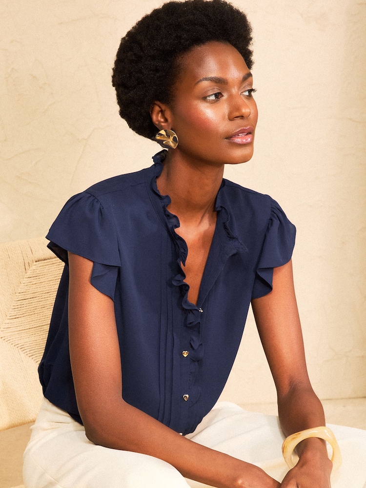 Love & Roses Navy Flutter Sleeve Frill Detail Blouse - Image 1 of 4