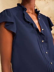 Love & Roses Navy Flutter Sleeve Frill Detail Blouse - Image 2 of 4