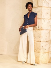 Love & Roses Navy Flutter Sleeve Frill Detail Blouse - Image 3 of 4