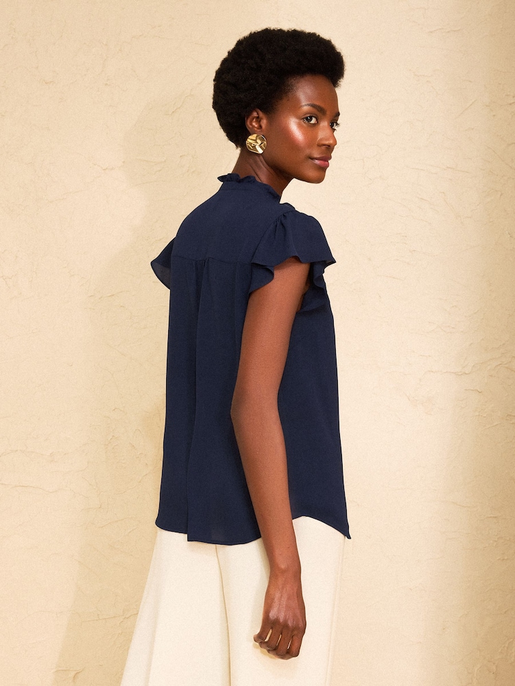 Love & Roses Navy Flutter Sleeve Frill Detail Blouse - Image 4 of 4