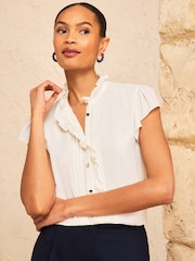 Love & Roses Ivory Flutter Sleeve Frill Detail Blouse - Image 1 of 4