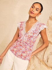 Love & Roses Blush Pink Petite Floral Lace Trim Cap Sleeve Blouse - Image 4 of 4