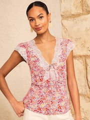 Love & Roses Blush Pink Floral Lace Trim Cap Sleeve Blouse - Image 1 of 4