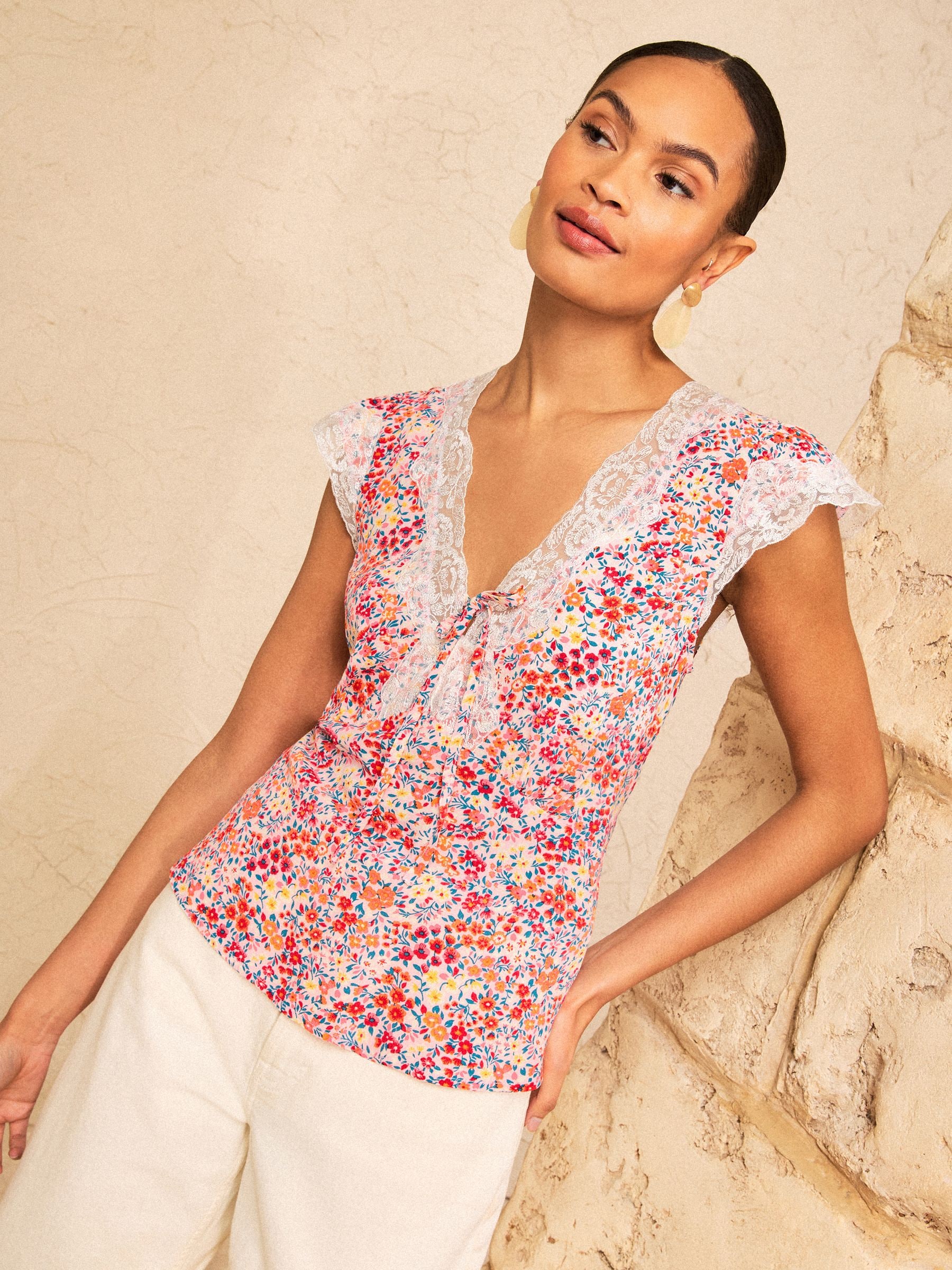 Buy Love & Roses Blush Pink Floral Lace Trim Cap Sleeve Blouse