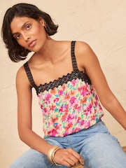 Love & Roses Yellow Ditsy Floral Print Lace Trim Cami - Image 4 of 5