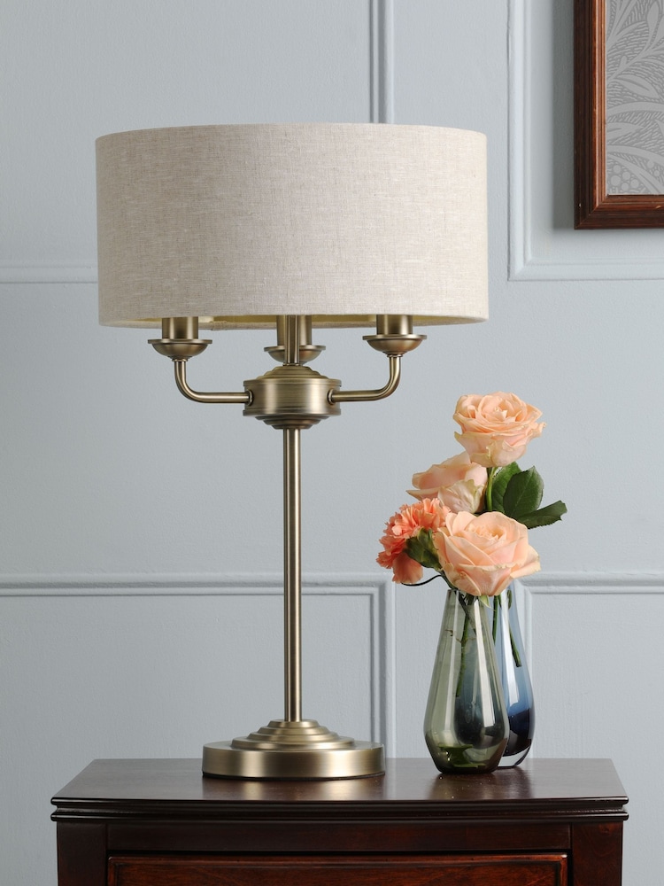Laura Ashley Brass Sorrento 3 Light Matt Antique Or Natural Linen Table Lamp - Image 2 of 6