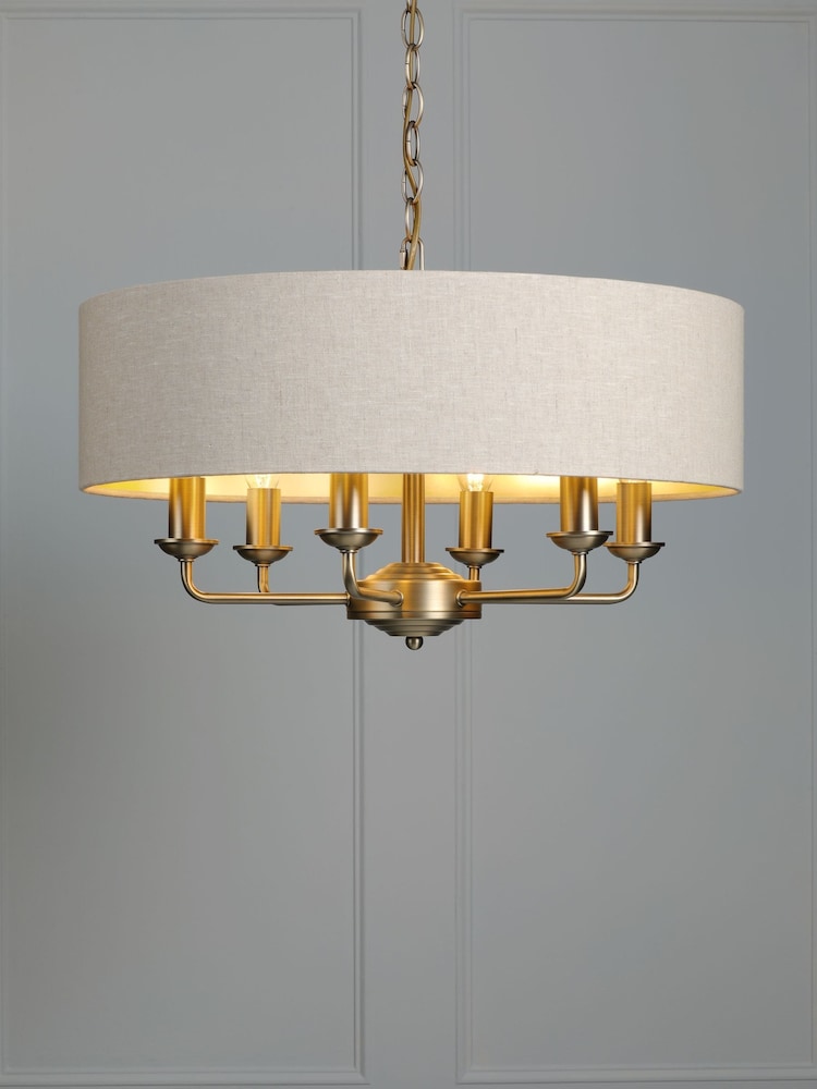 Laura Ashley Brass Sorrento 6 Arm Chandelier Matt Antique Natural Linen - Image 1 of 6