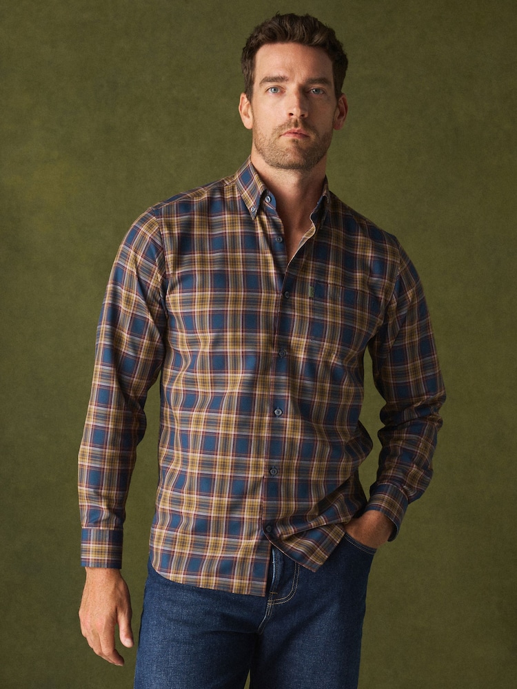 Navy/Yellow Check Regular Fit Easy Iron Button Down Long Sleeve Oxford Check Shirt - Image 1 of 8 Navy/Yellow Check Regular Fit Easy Iron Button Down Long Sleeve Oxford Check Shirt - Image 1 of 8
