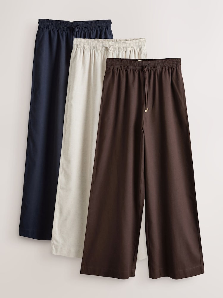 Chocolate/Neutral/Navy 3 Pack Pull On Wide Leg Trousers With Linen - Image 1 of 10