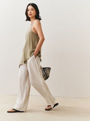 Chocolate/Neutral/Navy 3 Pack Pull On Wide Leg Trousers With Linen - Image 2 of 10