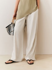 Chocolate/Neutral/Navy 3 Pack Pull On Wide Leg Trousers With Linen - Image 3 of 10