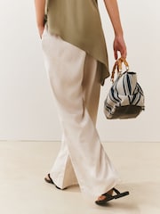 Chocolate/Neutral/Navy 3 Pack Pull On Wide Leg Trousers With Linen - Image 4 of 10