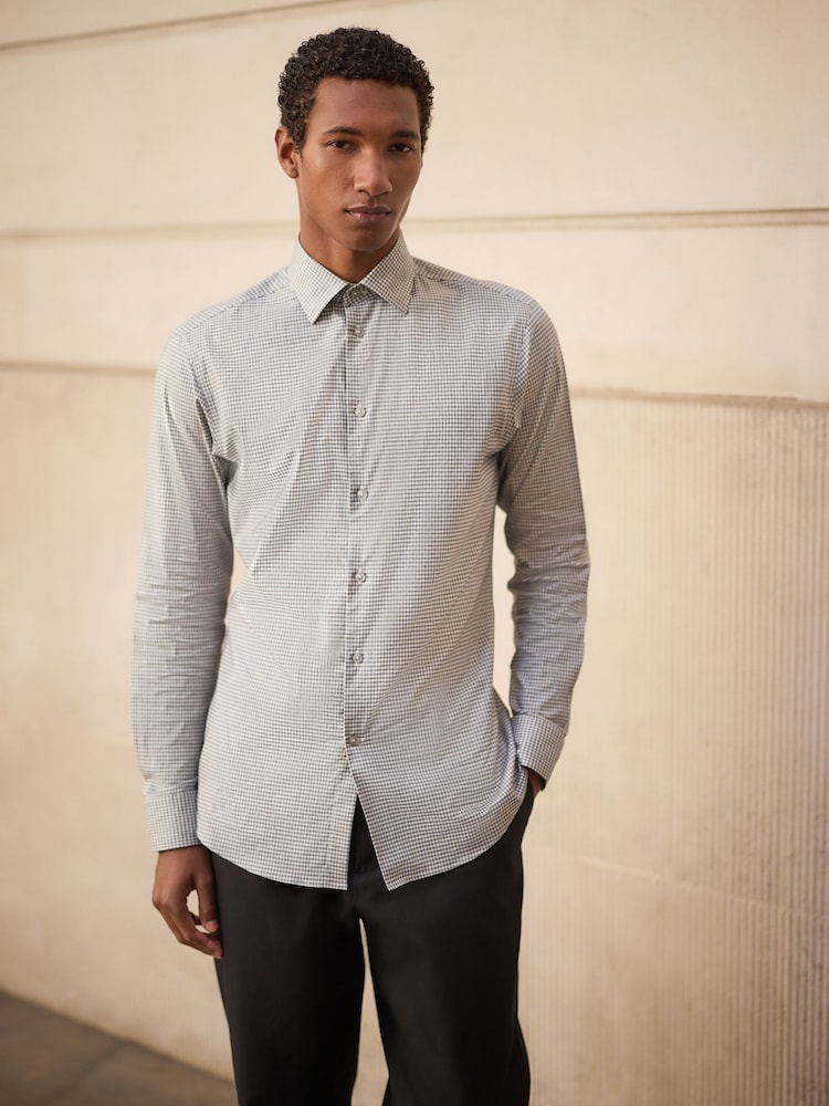 Grey N. Premium Slim Fit Cotton Stretch Gingham Check Formal Shirt - Image 1 of 8