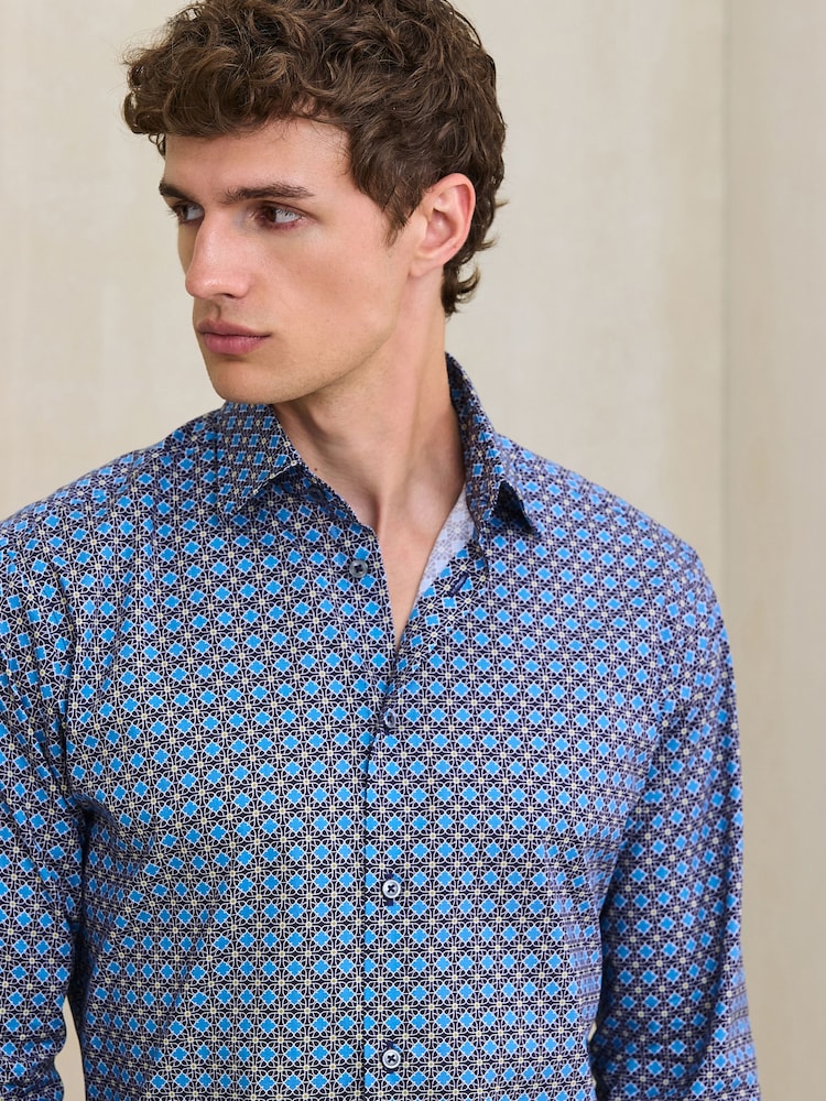 Blue N. Premium Slim Fit Cotton Stretch Geometric Printed Formal Shirt - Image 1 of 8 Blue N. Premium Slim Fit Cotton Stretch Geometric Printed Formal Shirt - Image 1 of 8
