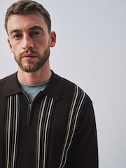 Brown Stripe Knitted Zip Neck Polo Shirt - Image 1 of 9