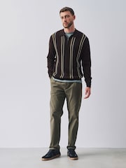 Brown Stripe Knitted Zip Neck Polo Shirt - Image 2 of 9