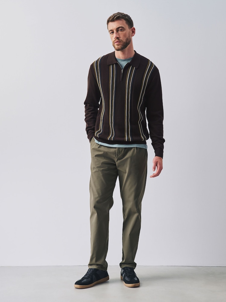 Brown Stripe Knitted Zip Neck Polo Shirt - Image 2 of 9 Brown Stripe Knitted Zip Neck Polo Shirt - Image 2 of 9