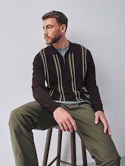 Brown Stripe Knitted Zip Neck Polo Shirt - Image 3 of 9