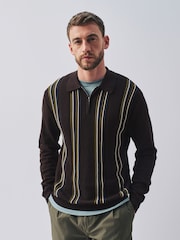 Brown Stripe Knitted Zip Neck Polo Shirt - Image 4 of 9