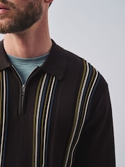 Brown Stripe Knitted Zip Neck Polo Shirt - Image 6 of 9