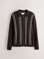 Brown Stripe Knitted Zip Neck Polo Shirt - Image 7 of 9