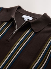 Brown Stripe Knitted Zip Neck Polo Shirt - Image 8 of 9