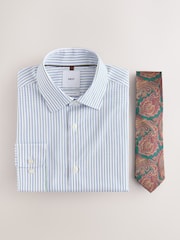 White/Blue/Green Slim Fit Two Tone Stripe Formal Shirt and Tie Set - Image 1 of 9