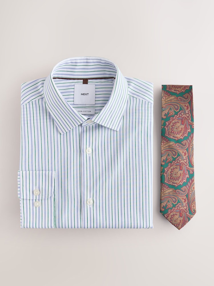 White/Blue/Green Slim Fit Two Tone Stripe Formal Shirt and Tie Set - Image 1 of 9